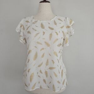 Reese Women's Cream Blouse with Metallic Gold Feather Print Size XL